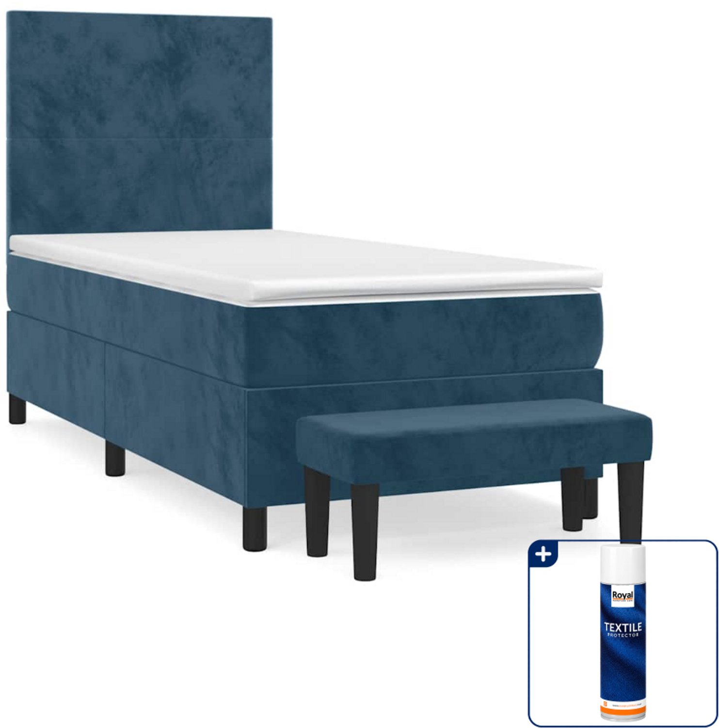 vidaXL Boxspring met matras en bankje - 90 x 190 cm - fluweel - donkerblauw - Inclusief textielbeschermer 500 ml