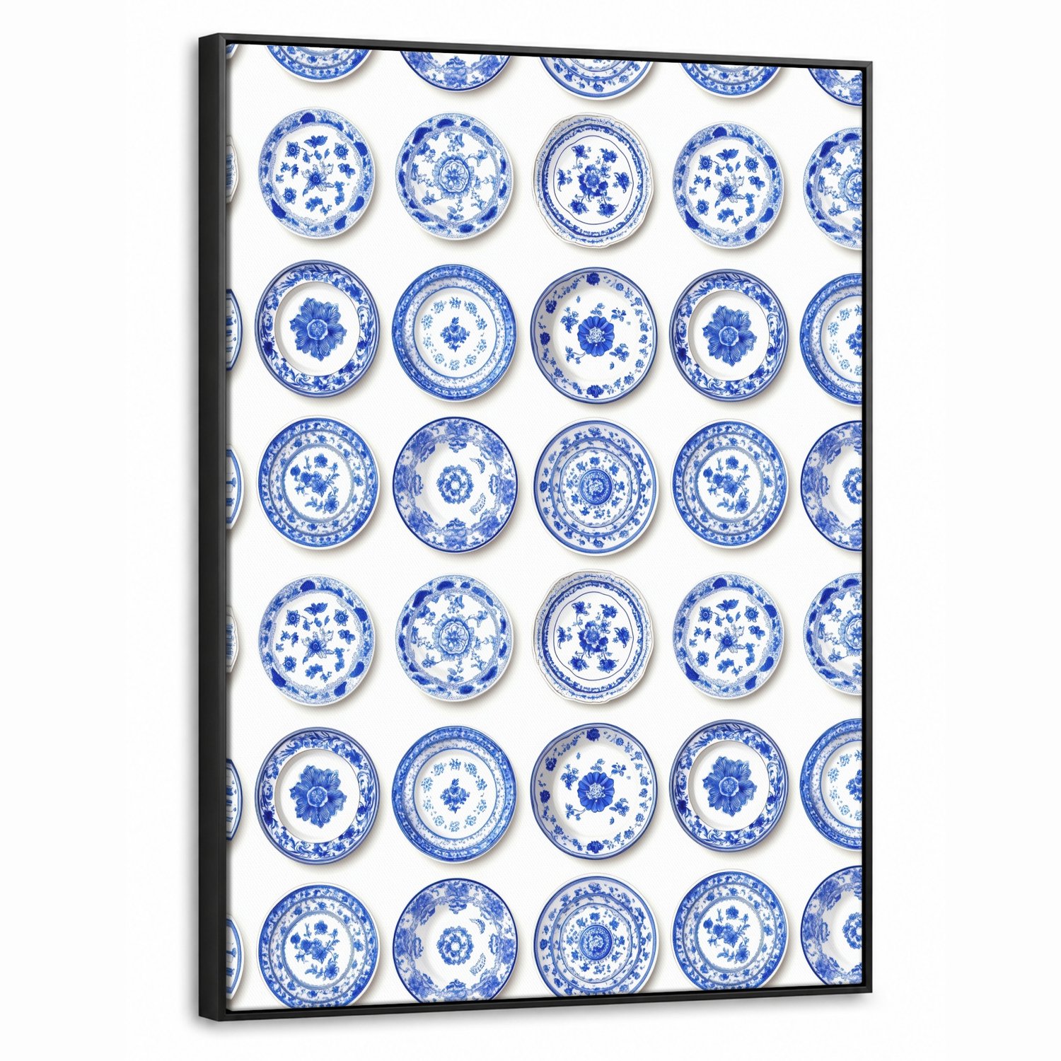 Canvas Schilderij met Baklijst 50x70cm - Borden - Bloemen - Patroon - Blauw - Muurdecoratie woonkamer - Slaapkamer decoratie - Kamer accessoires - Schilderijen op canvas met lijst