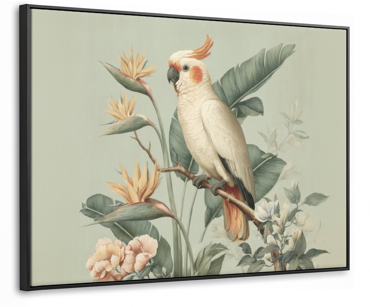 Canvas Schilderij met Baklijst 70x50cm - Gele kuifkaketoe - paradijsvogelbloemen - Groen - Muurdecoratie woonkamer - Slaapkamer decoratie - Kamer accessoires - Schilderijen op canvas met lijst
