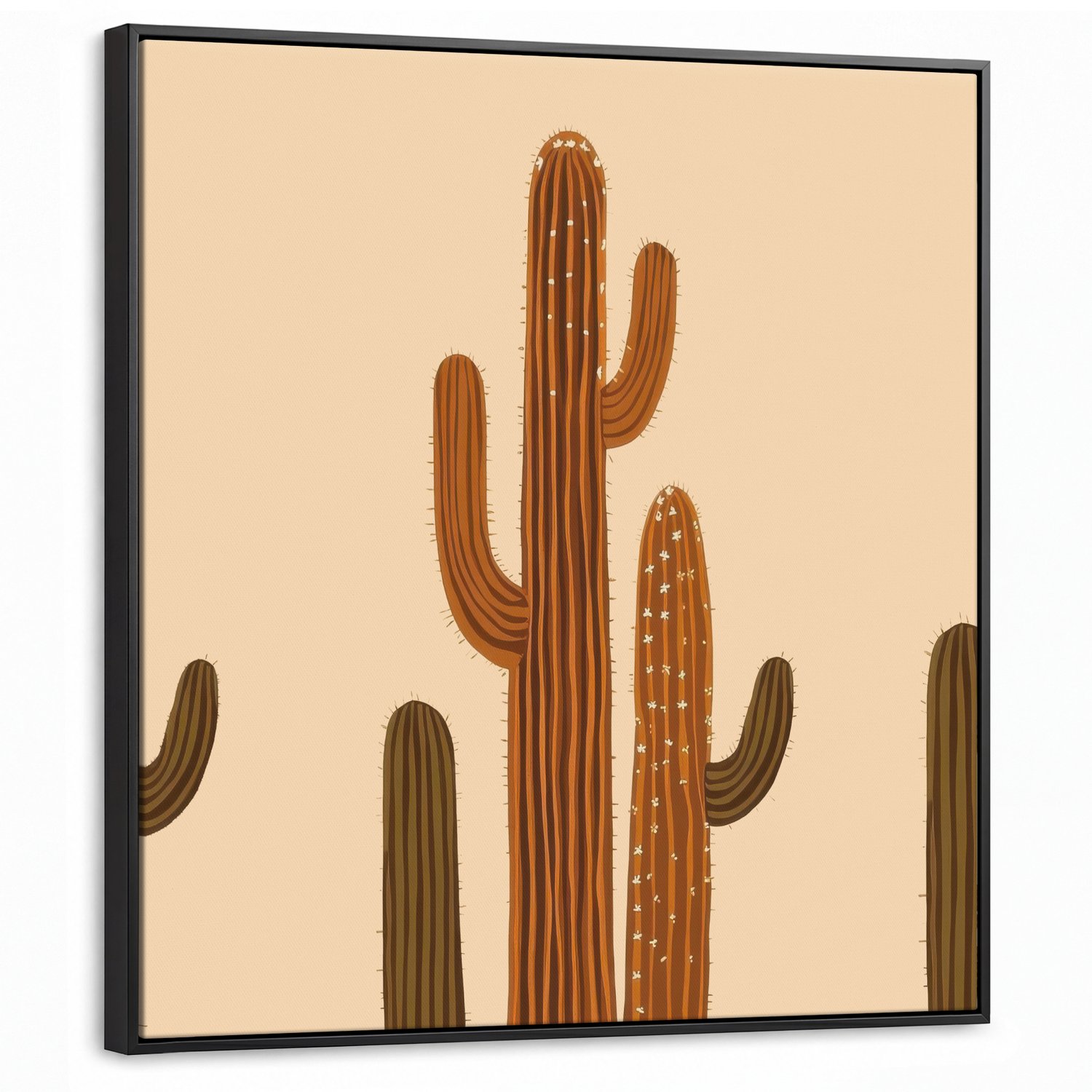 Canvas Schilderij met Baklijst 90x90cm - Cactus - Woestijn - Zand - Bruin - Muurdecoratie woonkamer - Slaapkamer decoratie - Kamer accessoires - Schilderijen op canvas met lijst
