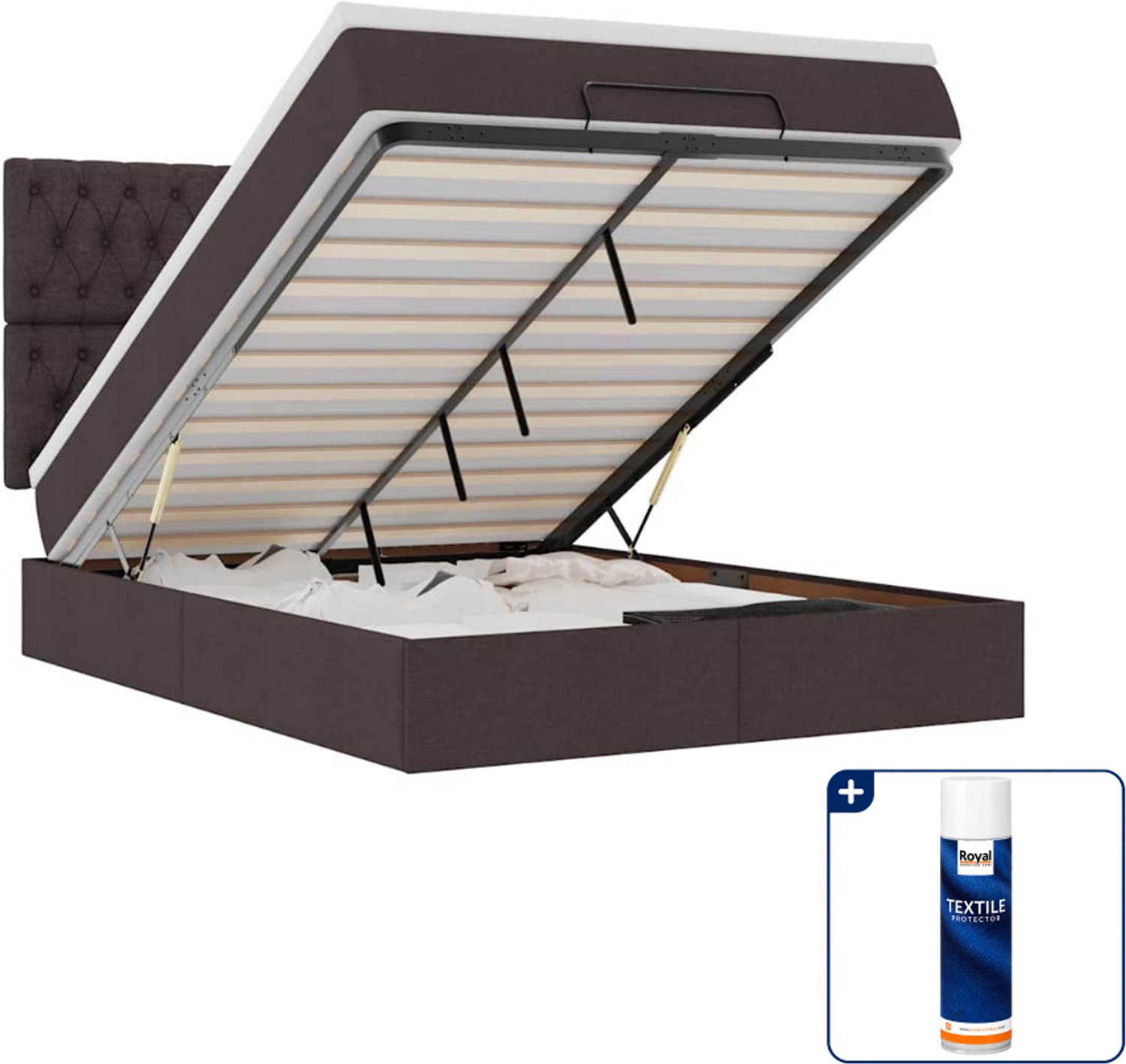 vidaXL ottoman bed met matras - 140 x 190 cm - stof - donkerbruin - Inclusief textielbeschermer 500 ml Wit