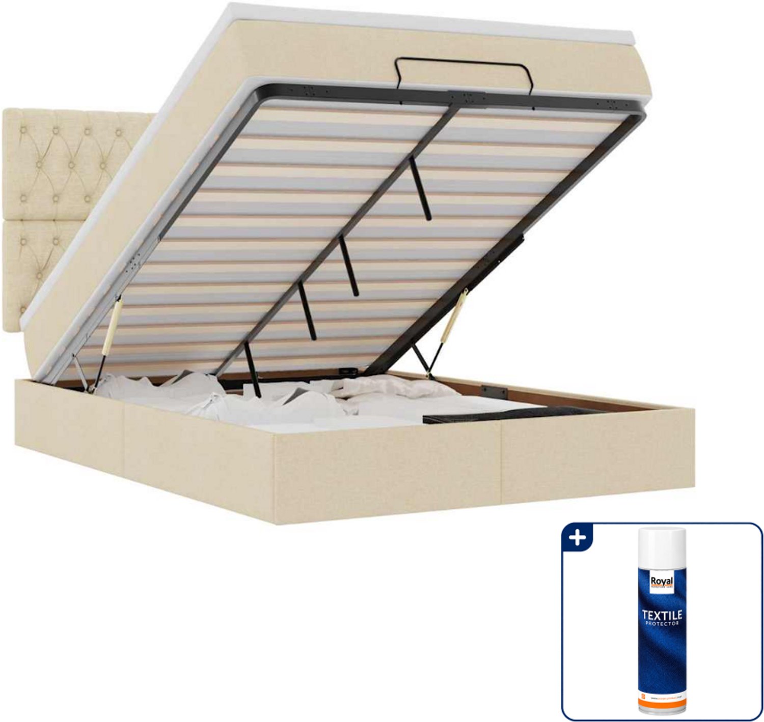 vidaXL Ottoman bed met matras - Small double - 140 x 200 cm - crème - Inclusief textielbeschermer 500 ml Grijs