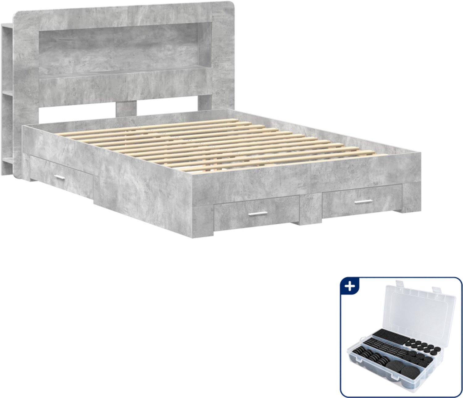 vidaXL bedframe met opslag - queensize 160 x 200 cm - betongrijs - Inclusief antikrasvilt 177-delig