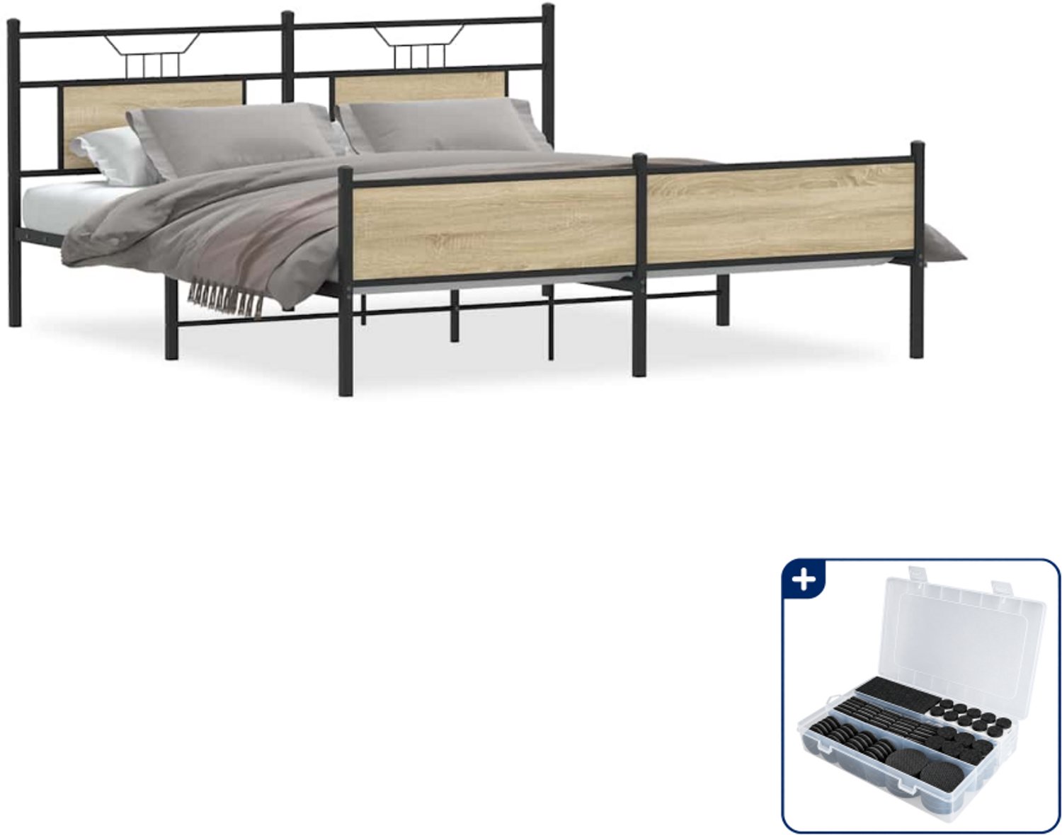 vidaXL Bedframe - 183 x 213 cm - staal en bewerkt hout - sonoma eiken - Inclusief antikrasvilt 177-delig Bruin