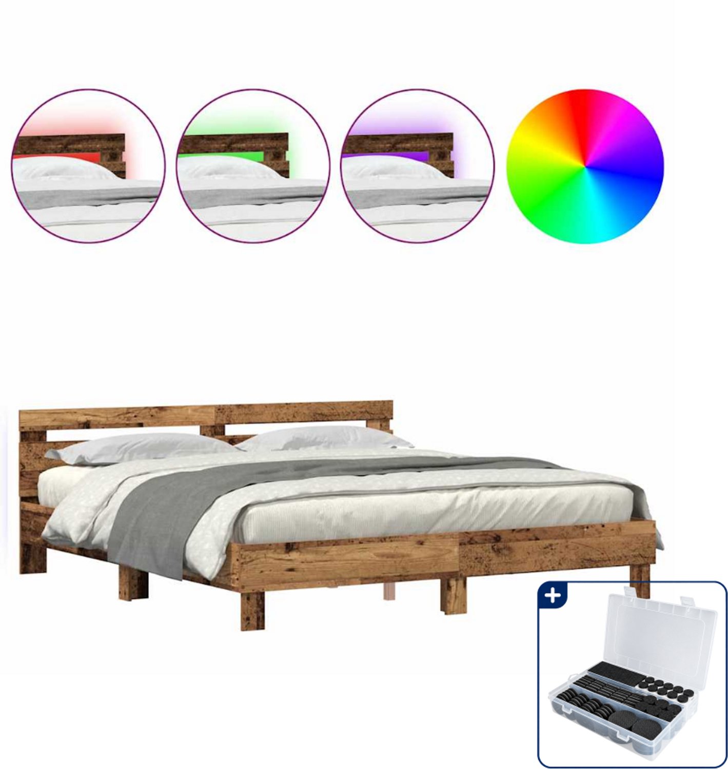 vidaXL bedframe - 200 x 200 cm - bewerkt hout - oudhout - Inclusief antikrasvilt 177-delig Grijs