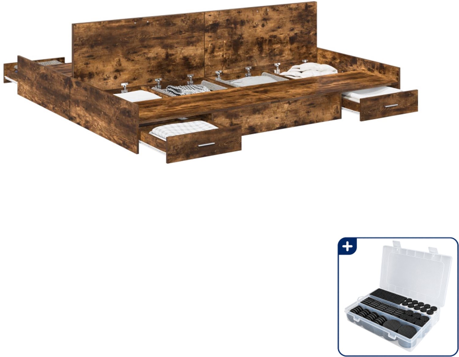 vidaXL opbergbedframe - 200 x 200 cm - gerookt eiken - Inclusief antikrasvilt 177-delig Bruin