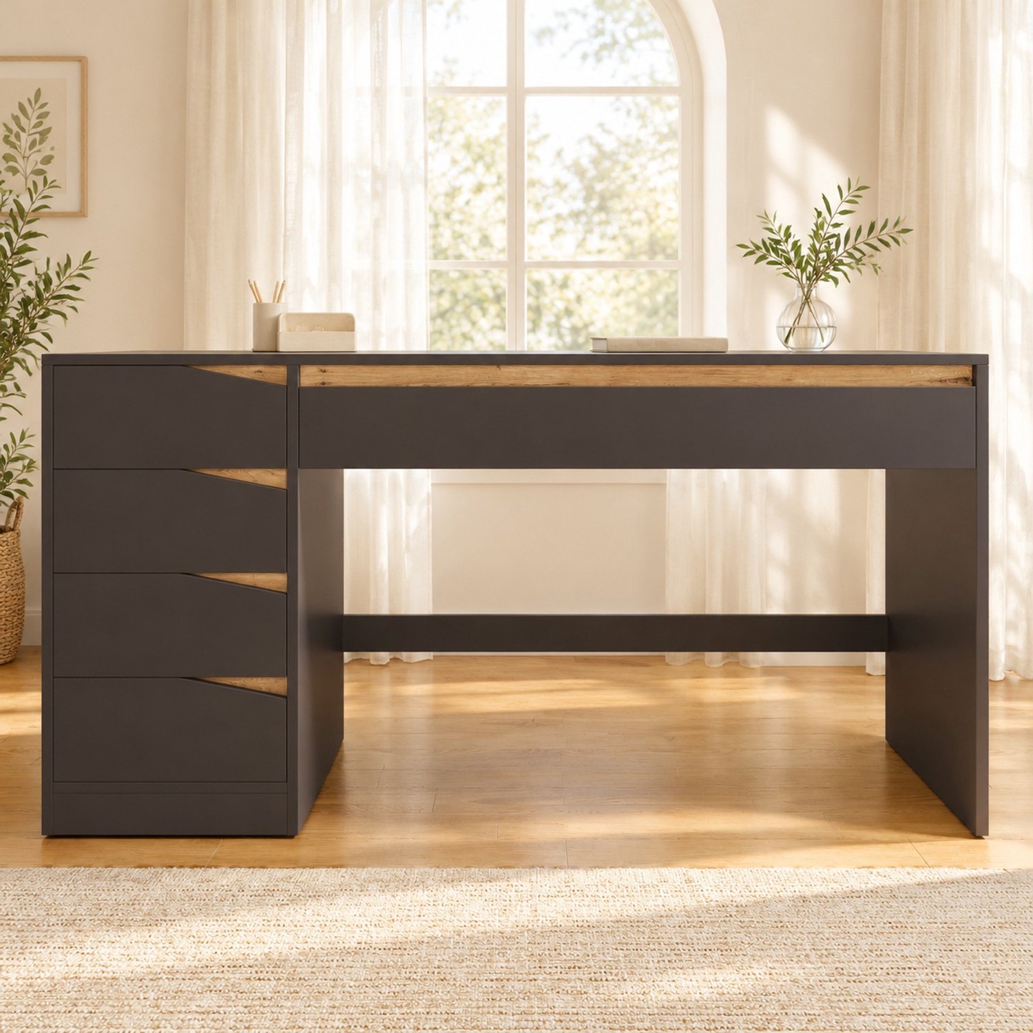 Wishdor Bureau met 5 lades en ruim werkblad - Opbergruimte voor documenten - Modern Scandinavisch ontwerp - Thuiswerkplek slaapkamer studeerkamer - MDF - Grijs en eikenkleur - 140 x 50 x 78 cm