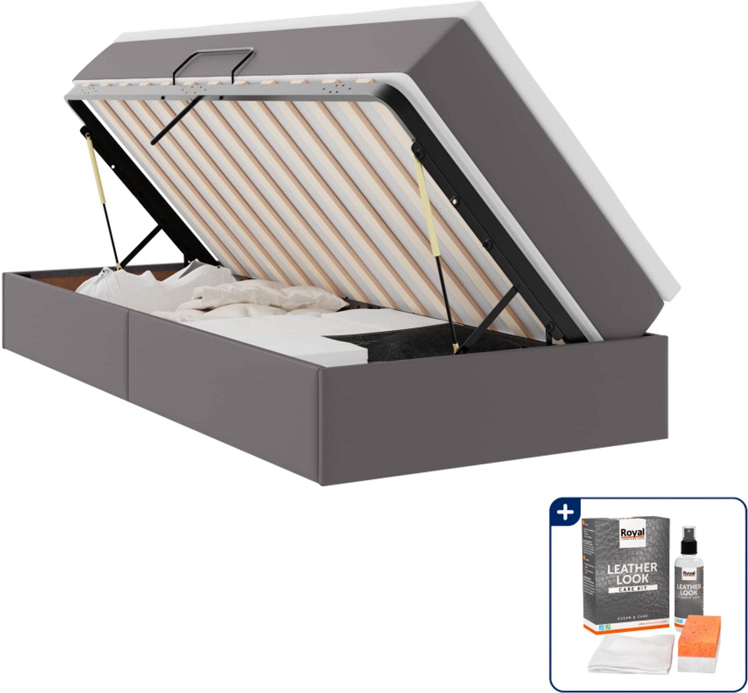 vidaXL opbergbed met matras - 90 x 190 cm - kunstleer - grijs - Inclusief onderhoudsset voor kunstleer 150 ml