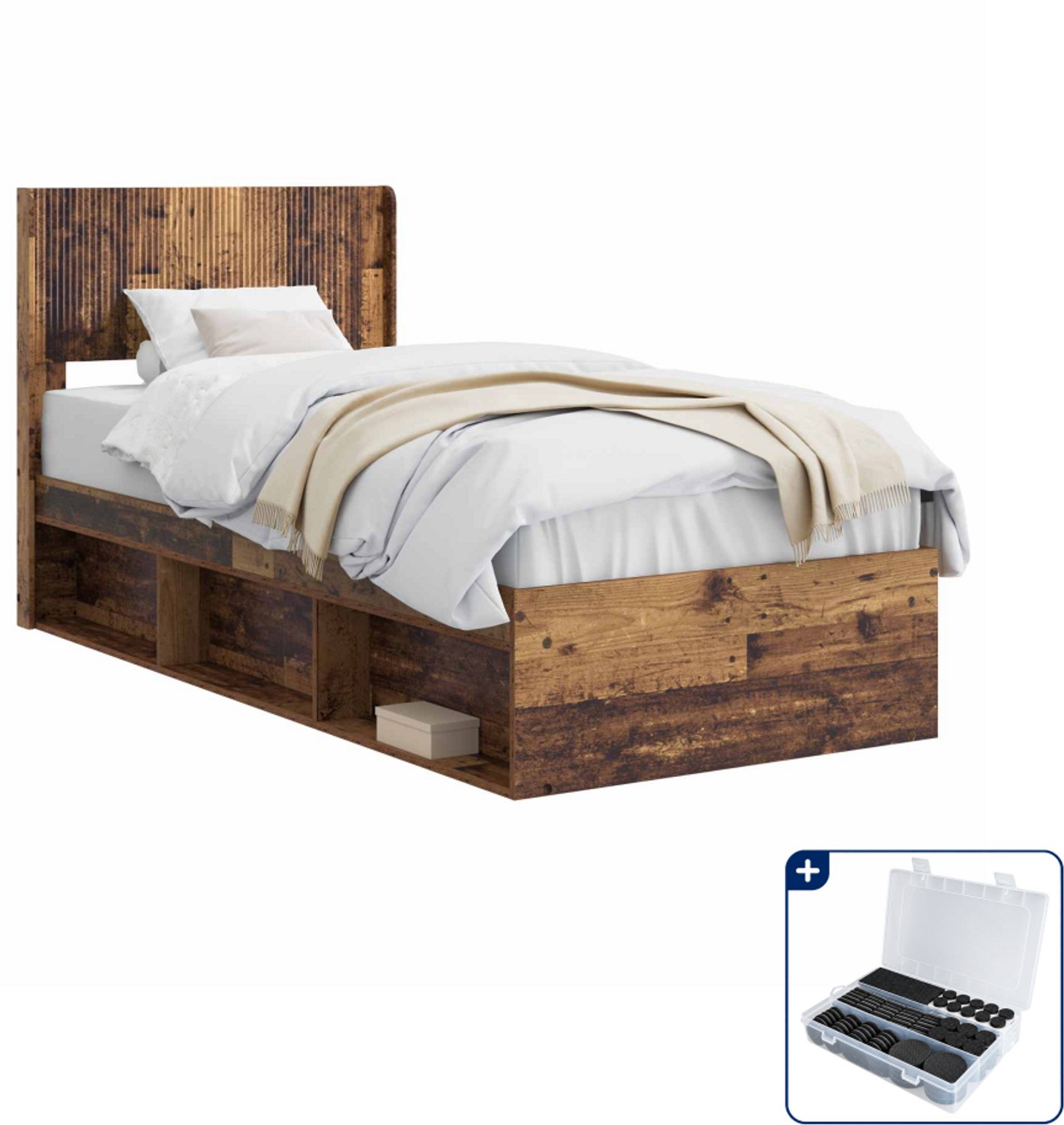 vidaXL bedframe met opbergruimte - 90 x 200 cm - oud hout - Inclusief antikrasvilt 177-delig Bruin