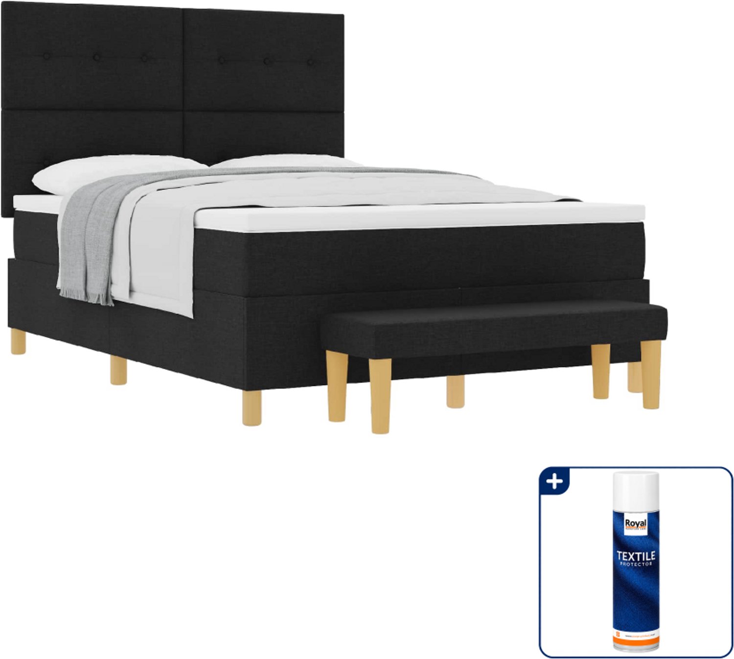 vidaXL boxspring met bank - 190 x 140 cm - stof - zwart - Inclusief textielbeschermer 500 ml