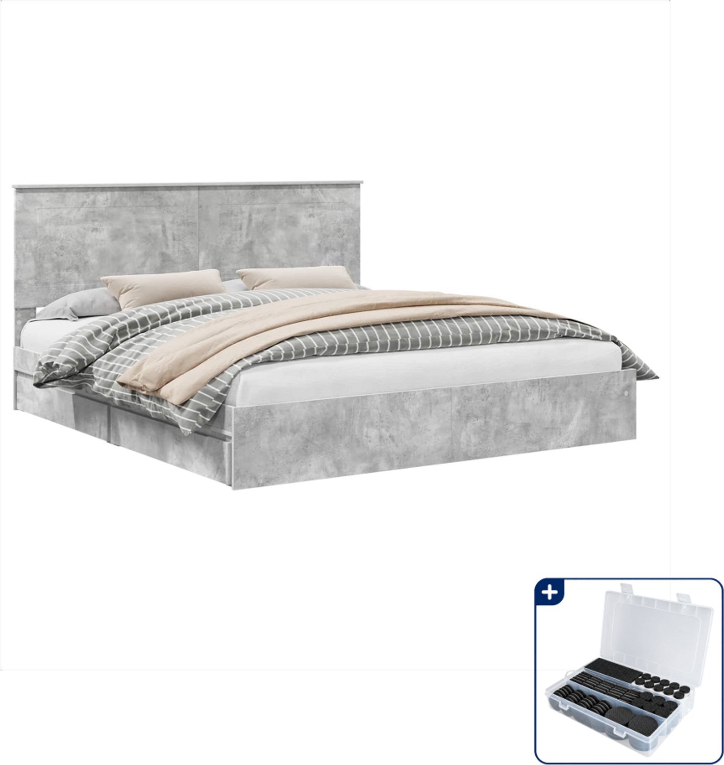 vidaXL bed met opbergladen - 200 x 200 cm - bewerkt hout - beton grijs - Inclusief antikrasvilt 177-delig