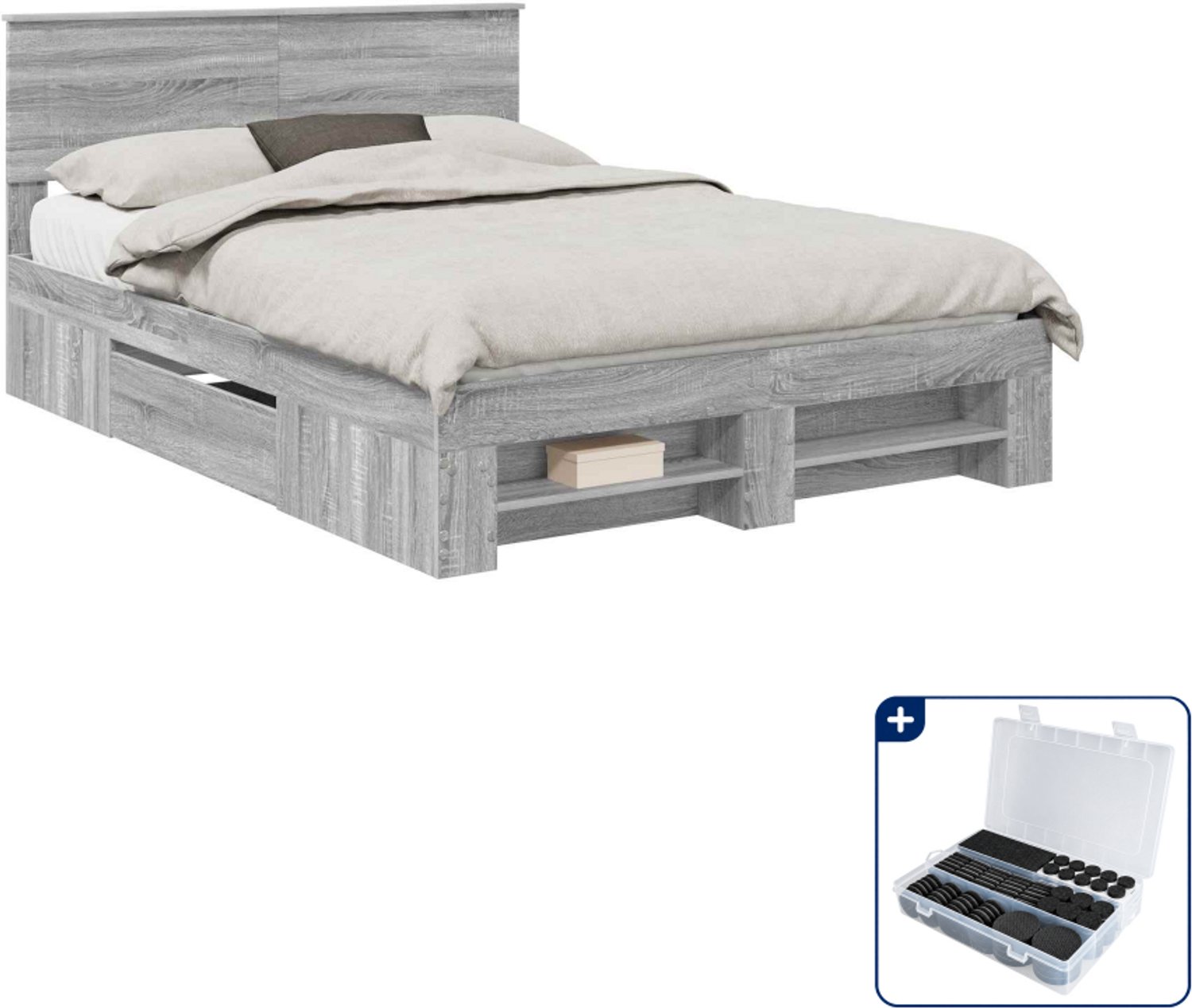 vidaXL Bedframe met hoofdeinde - Queensize - 160 x 200 cm - grijs - Inclusief antikrasvilt 177-delig