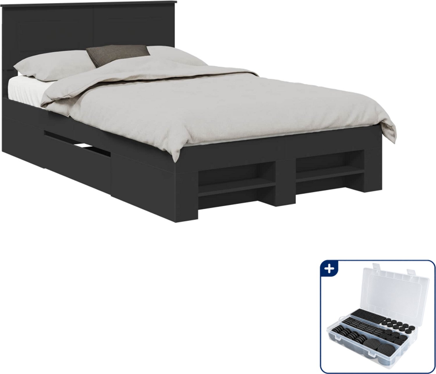 vidaXL bedframe - 135 x 190 cm - bewerkt hout - zwart - Inclusief antikrasvilt 177-delig Grijs