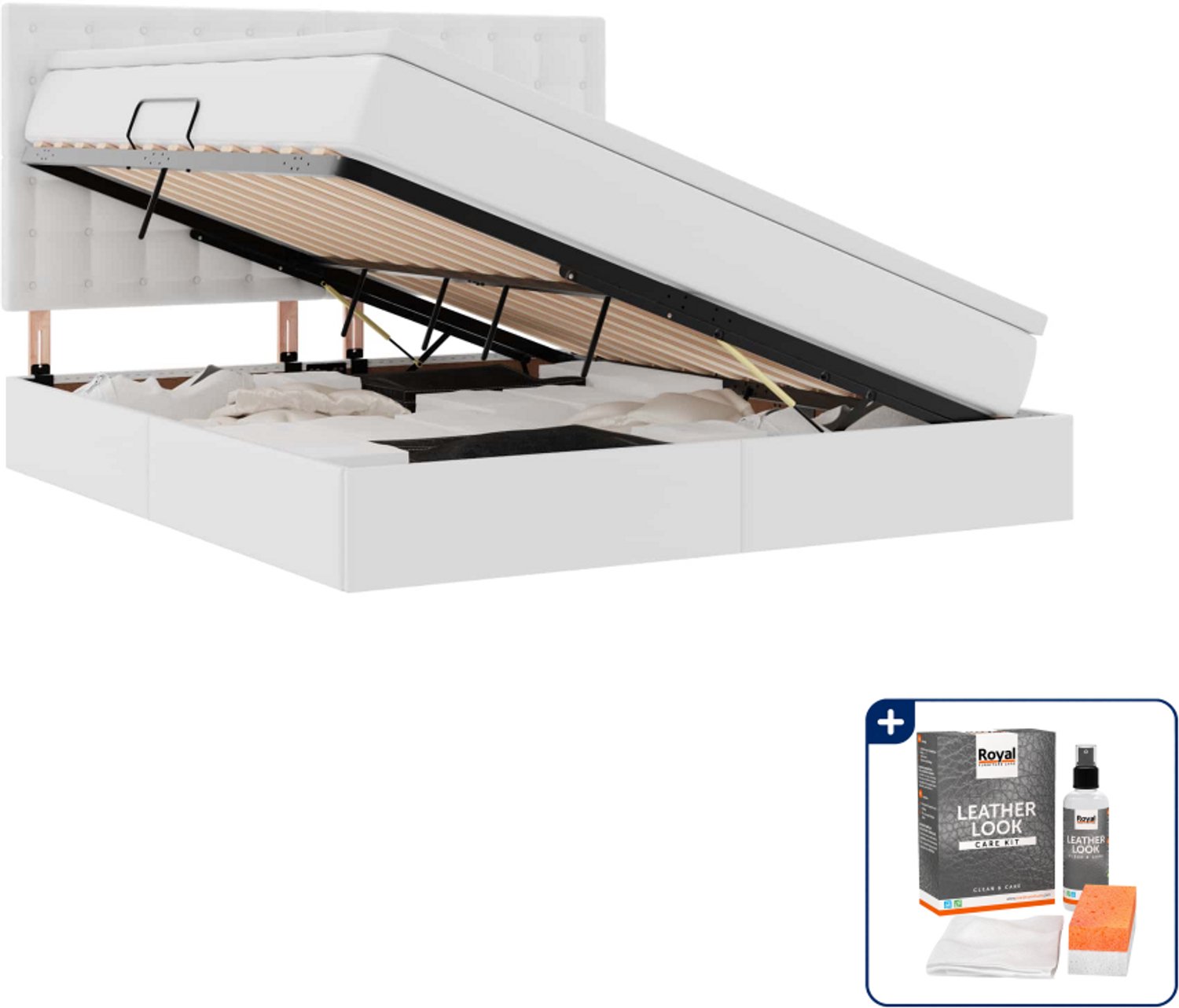 vidaXL opbergbed met led - Queensize - 160 x 200 cm - wit - kunstleer - Inclusief onderhoudsset voor kunstleer 150 ml