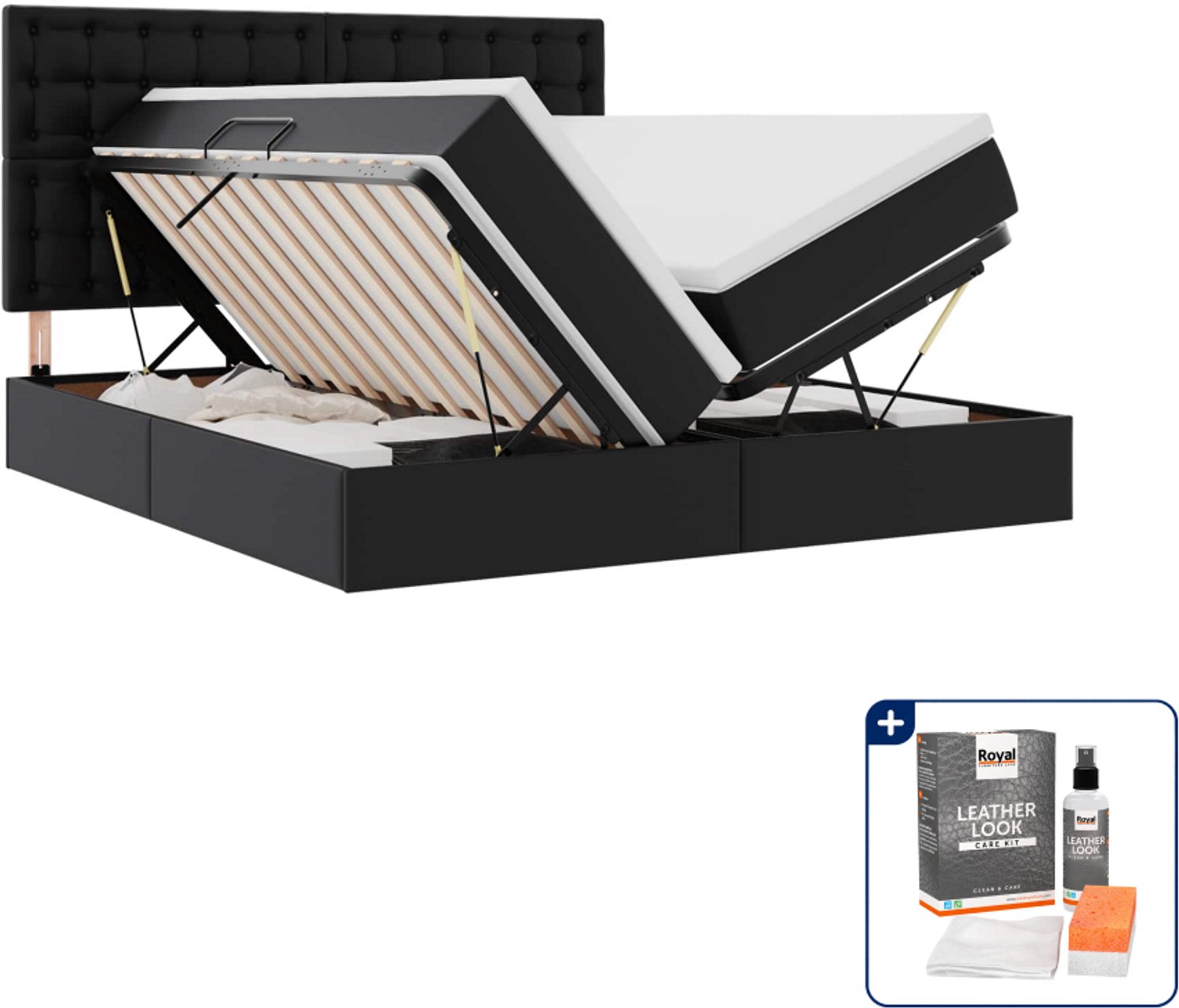 vidaXL opbergbed met matras - 200 x 200 cm - zwart - Inclusief onderhoudsset voor kunstleer 150 ml Bruin