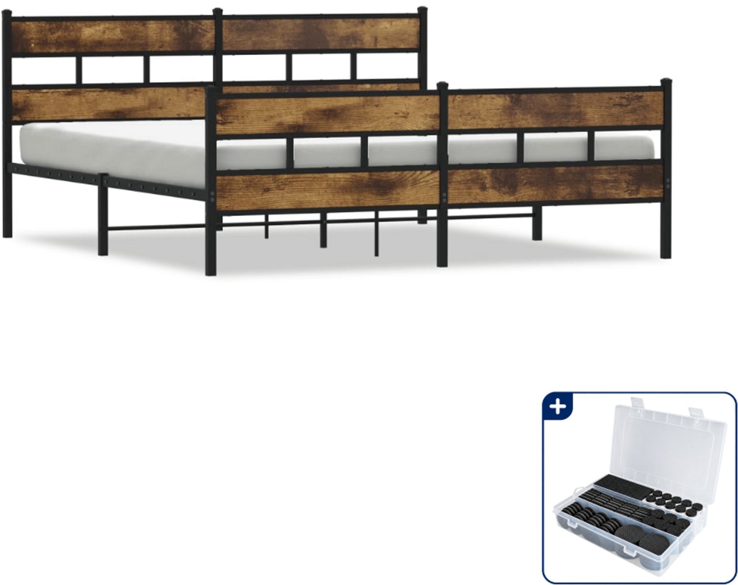vidaXL bedframe - 200 x 200 cm - staal en bewerkt hout - gerookt eiken - Inclusief antikrasvilt 177-delig Bruin