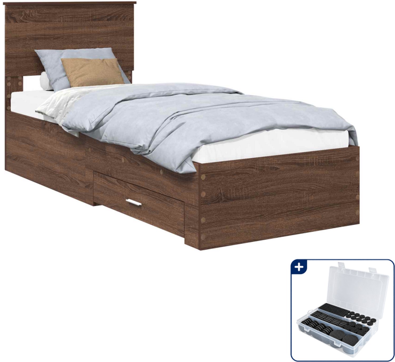 vidaXL Bedframe - 75 x 190 cm - bewerkt hout - bruin eiken - Inclusief antikrasvilt 177-delig Grijs