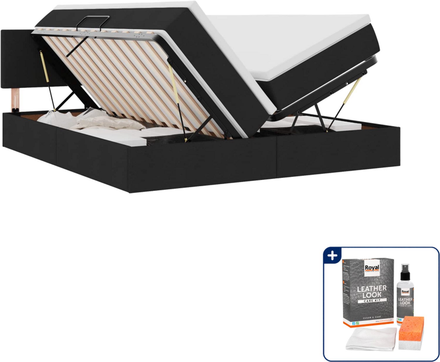 vidaXL Opbergbed - Super kingsize - 180 x 200 cm - kunstleer - zwart - Inclusief onderhoudsset voor kunstleer 150 ml