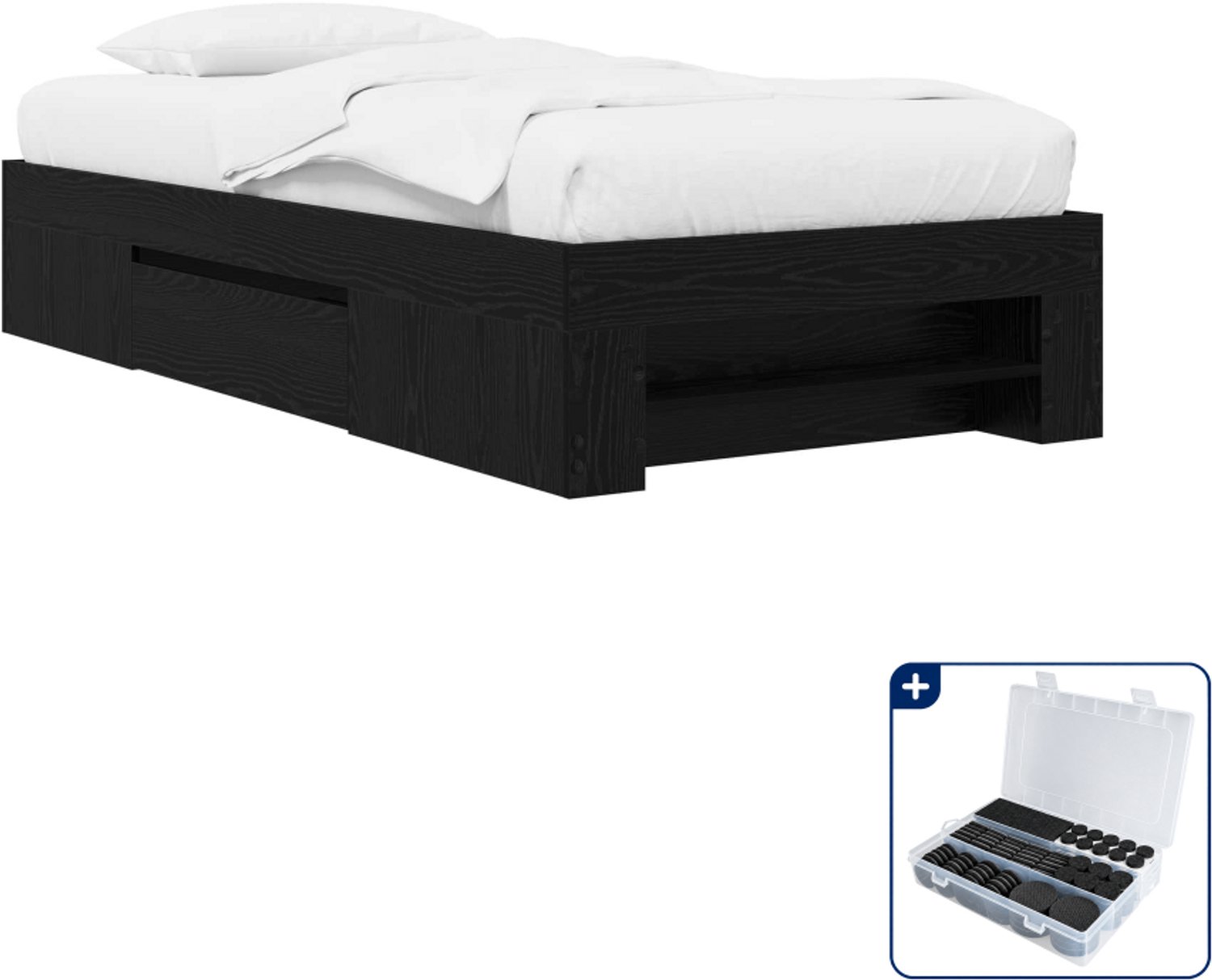vidaXL bedframe met opbergruimte - 80 x 200 cm - bewerkt hout - zwart eiken - Inclusief antikrasvilt 177-delig