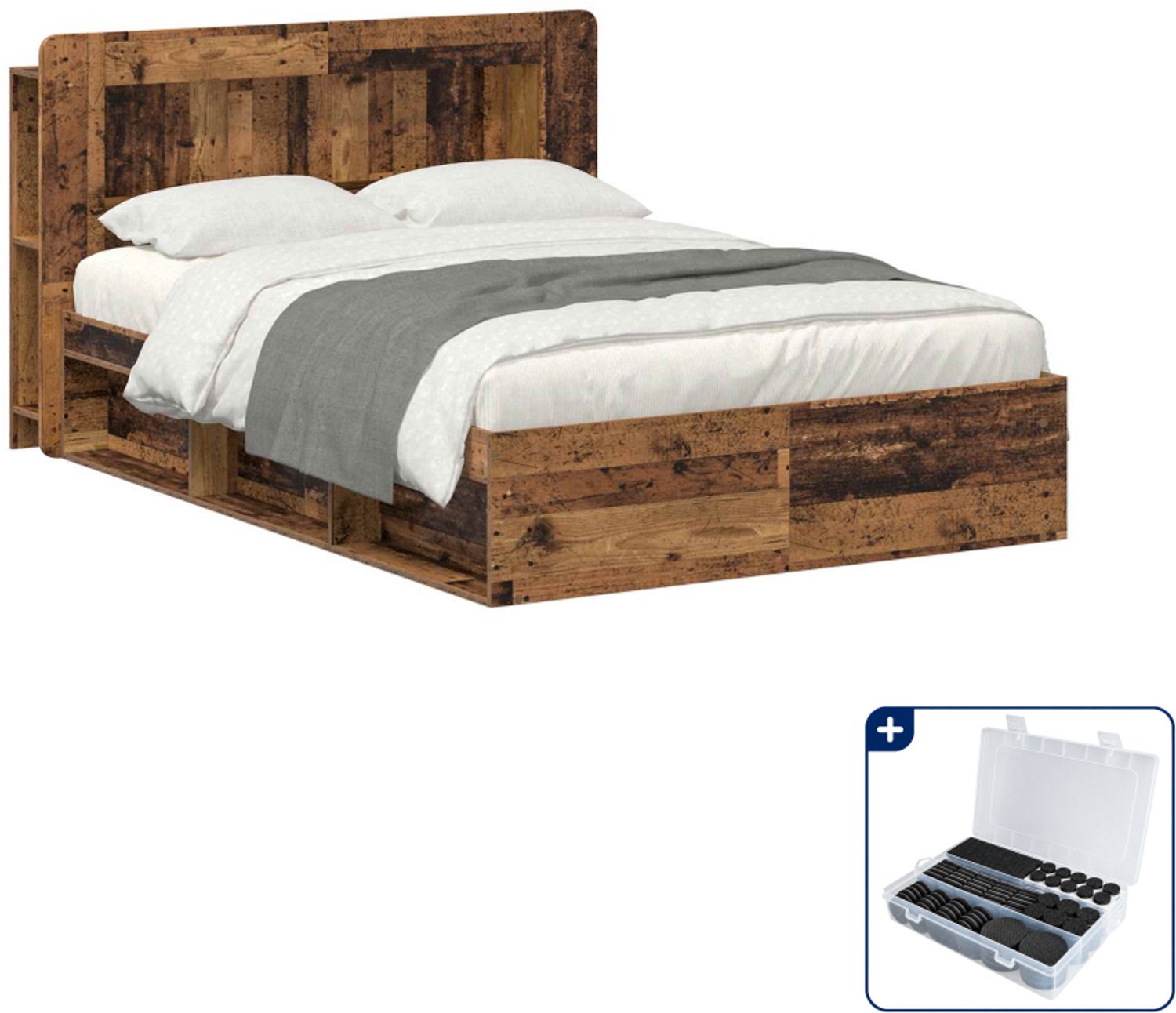 vidaXL Bedframe - 135 x 190 cm - bewerkt hout - oud hout - Inclusief antikrasvilt 177-delig Bruin
