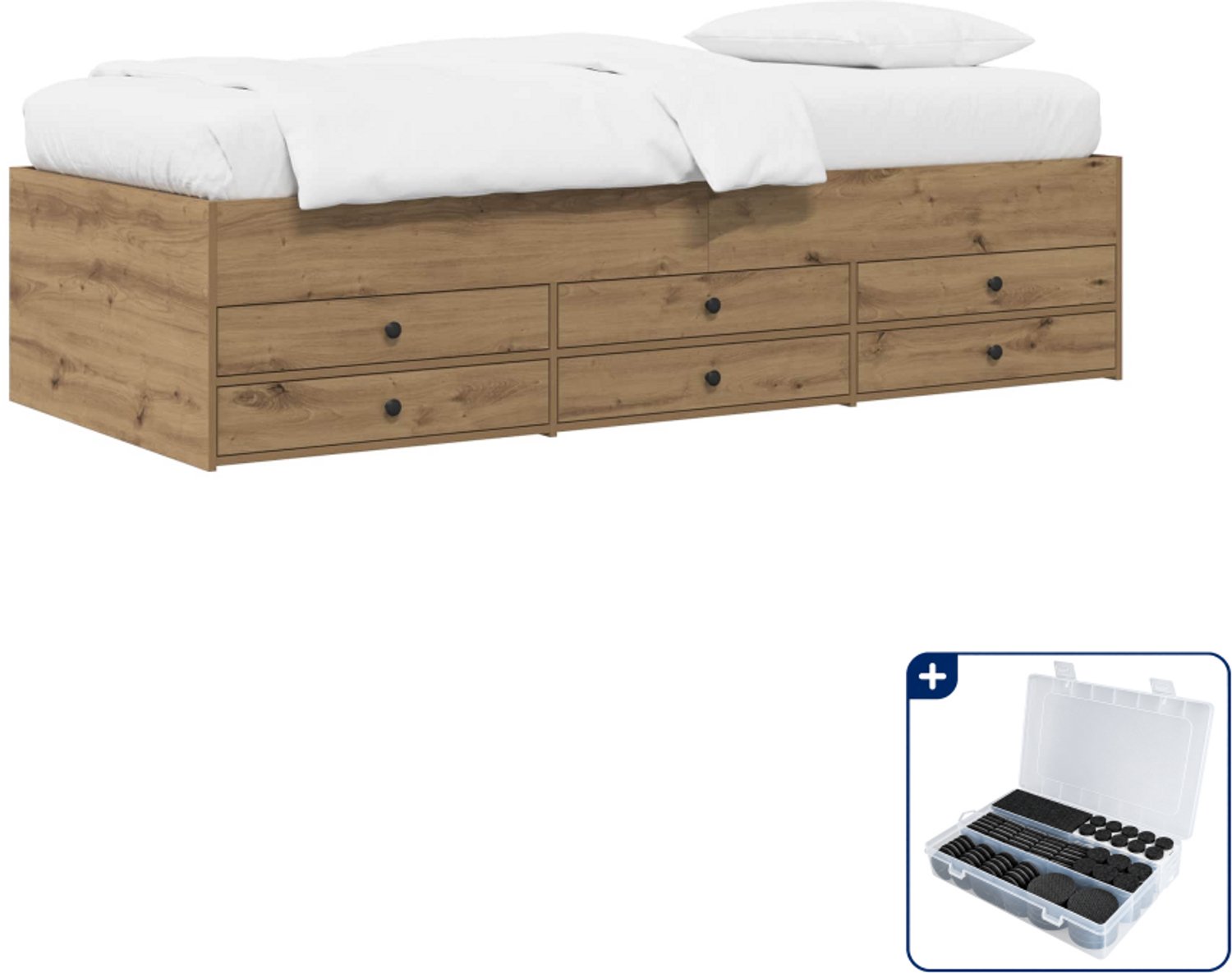 vidaXL bedframe met opbergruimte - 80 x 200 cm - bewerkt hout - eiken - Inclusief antikrasvilt 177-delig Bruin