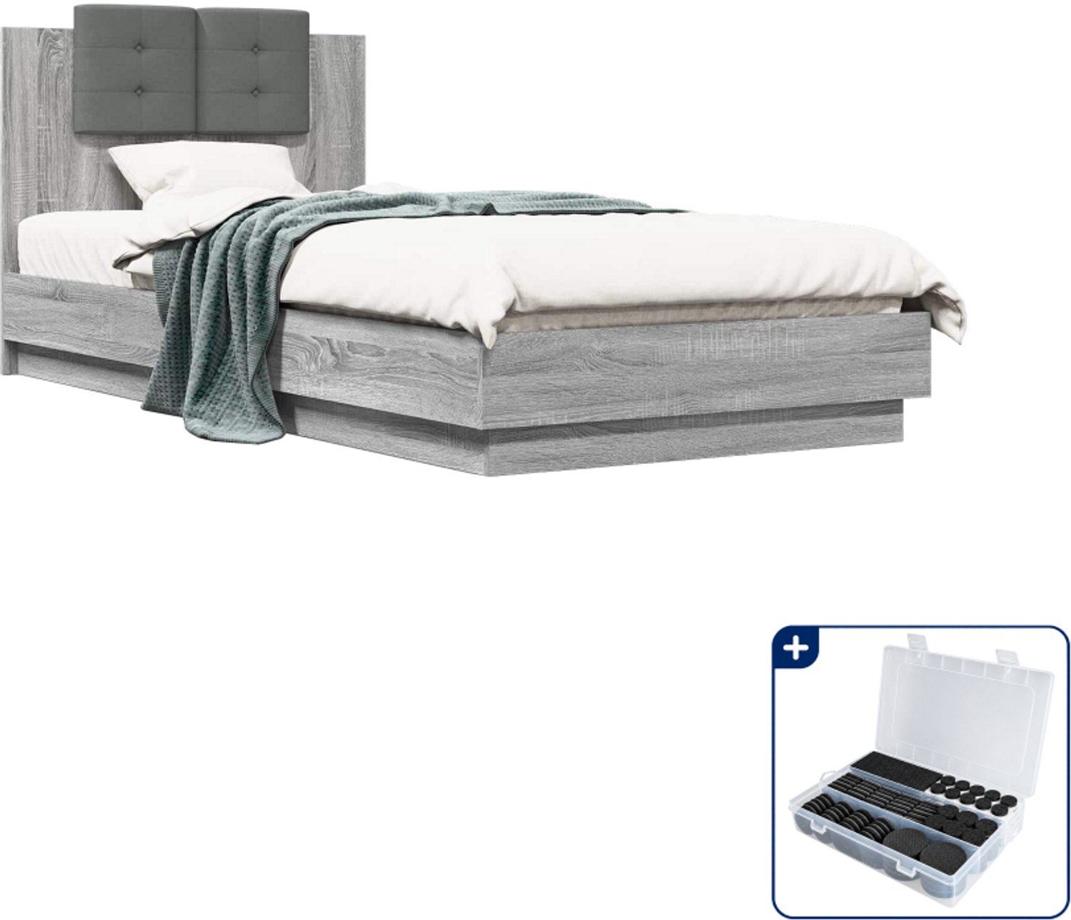 vidaXL bedframe met hoofdeinde - 80 x 200 cm - bewerkt hout - grijs - Inclusief antikrasvilt 177-delig