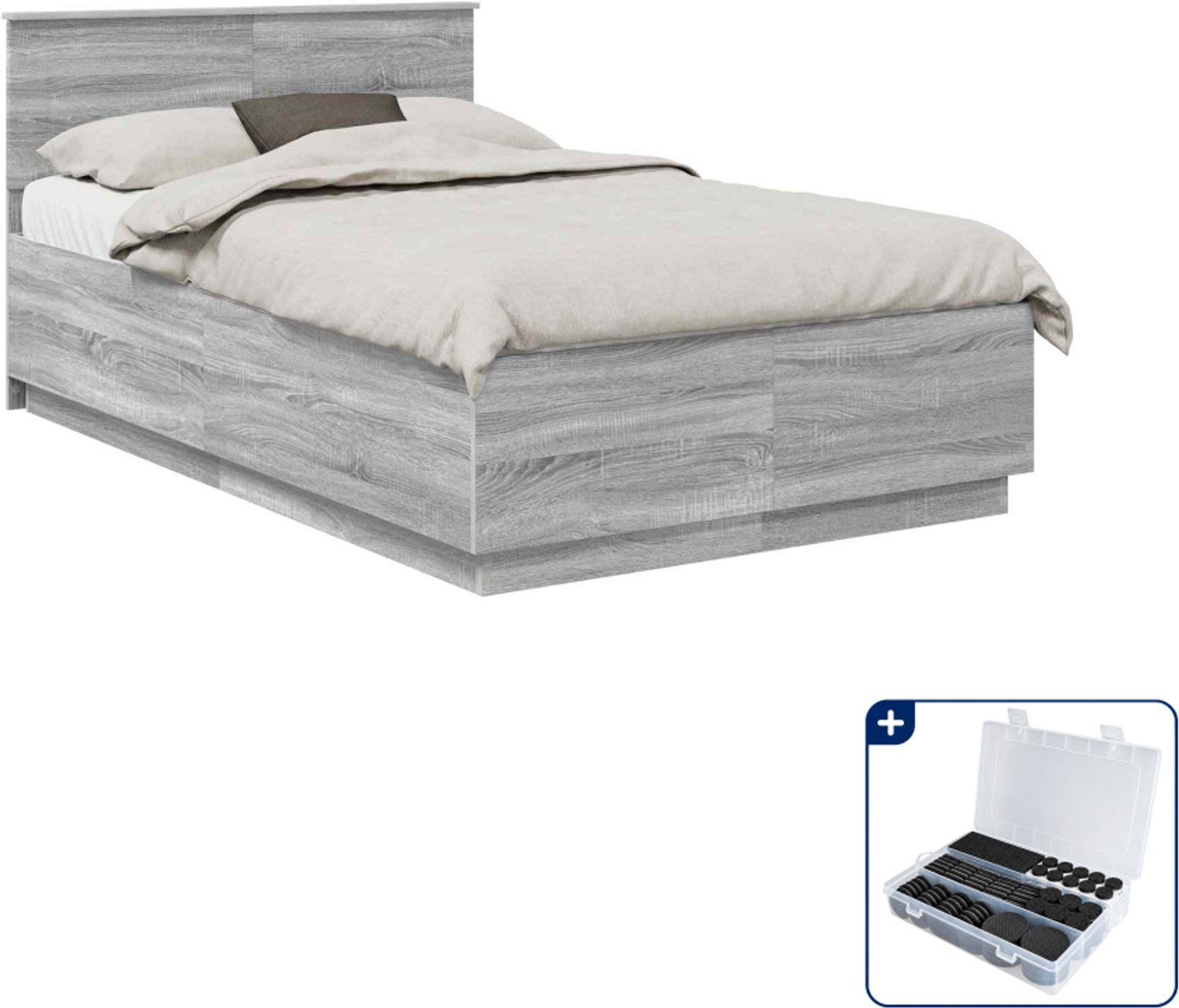 vidaXL bedframe - 135 x 190 cm - bewerkt hout - grijs sonoma - Inclusief antikrasvilt 177-delig Bruin