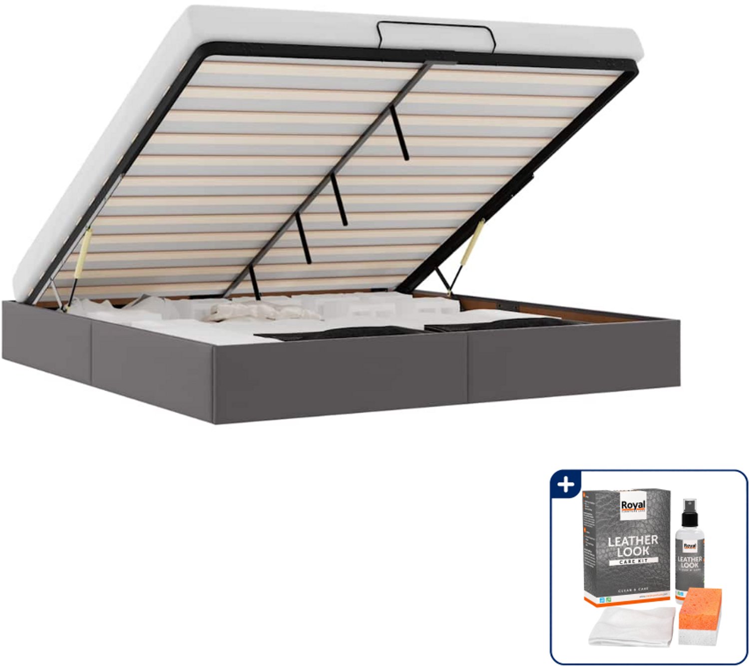 vidaXL bedframe - 200 x 200 cm - kunstleer - grijs - Inclusief onderhoudsset voor kunstleer 150 ml Zwart