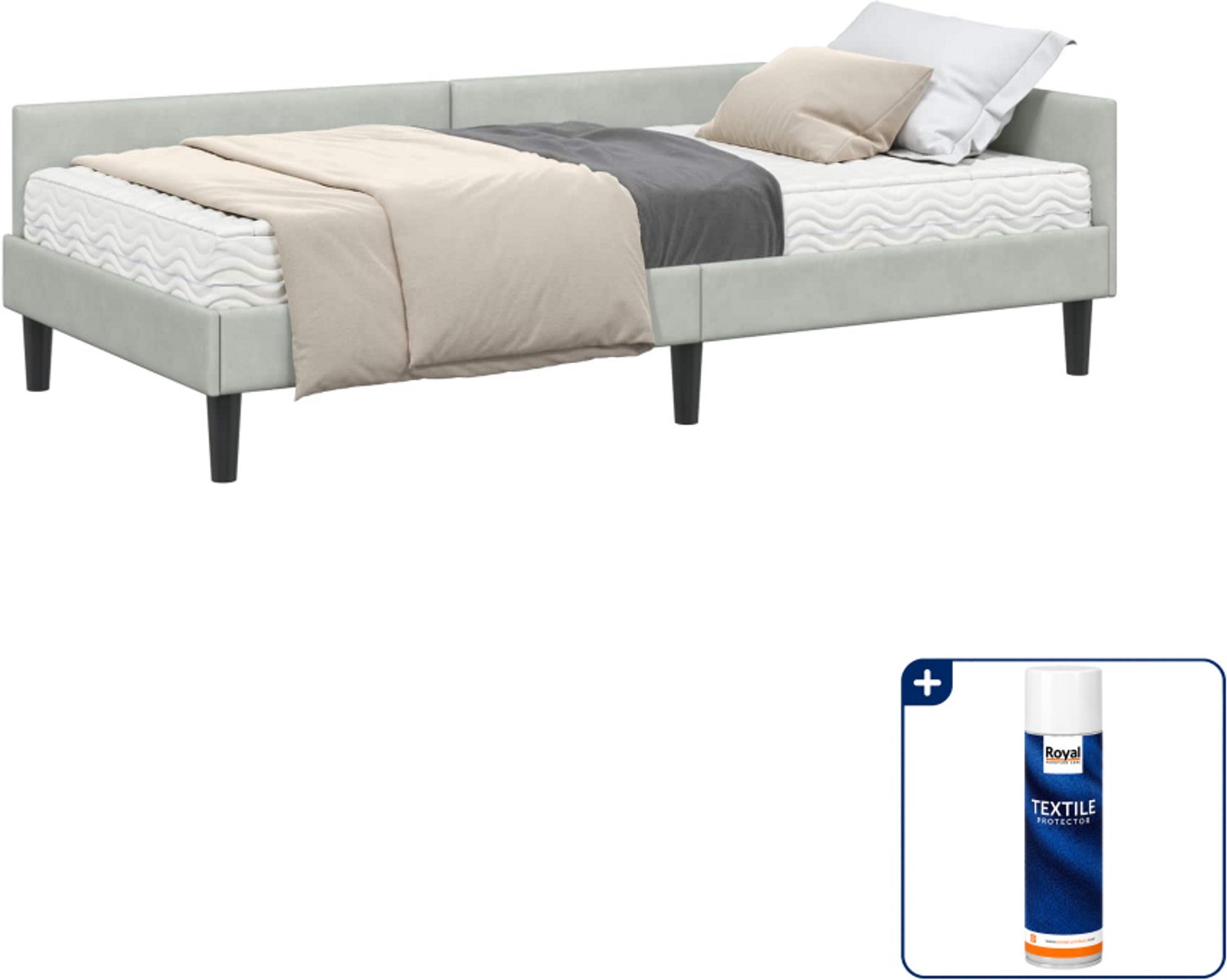 vidaXL hoekbedframe met matras - 90 x 200 cm - fluweel - lichtgrijs - Inclusief textielbeschermer 500 ml
