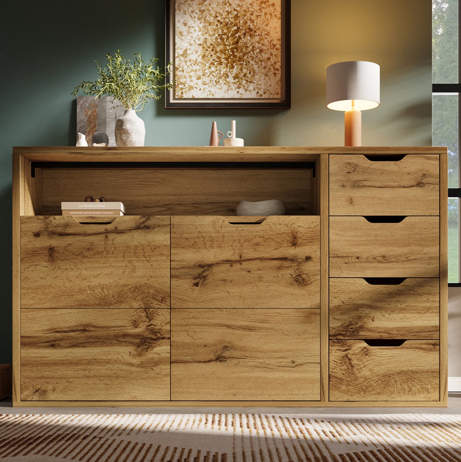 Maisentiel Dressoir in eikenlook – 150 x 40 x 90 cm – 4 laden, 2 deuren en open vak Eikenkleurig