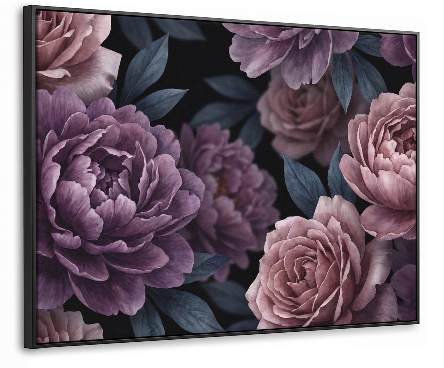 Canvas Schilderij met Baklijst 70x50cm - Bloemen - Patroon - Donker - Botanisch - Paars - Muurdecoratie woonkamer - Slaapkamer decoratie - Kamer accessoires - Schilderijen op canvas met lijst