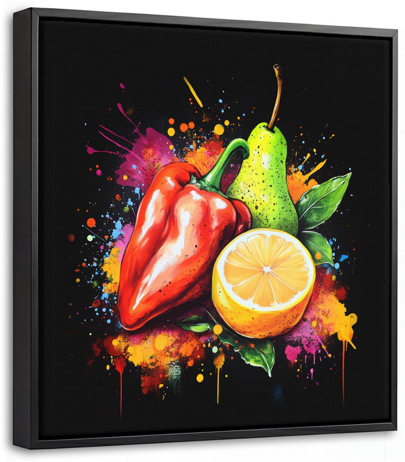 Canvas Schilderij met Baklijst 20x20cm - Paprika - Peer - Citroen - Graffiti - Verf - Abstract - Muurdecoratie woonkamer - Slaapkamer decoratie - Kamer accessoires - Schilderijen op canvas met lijst