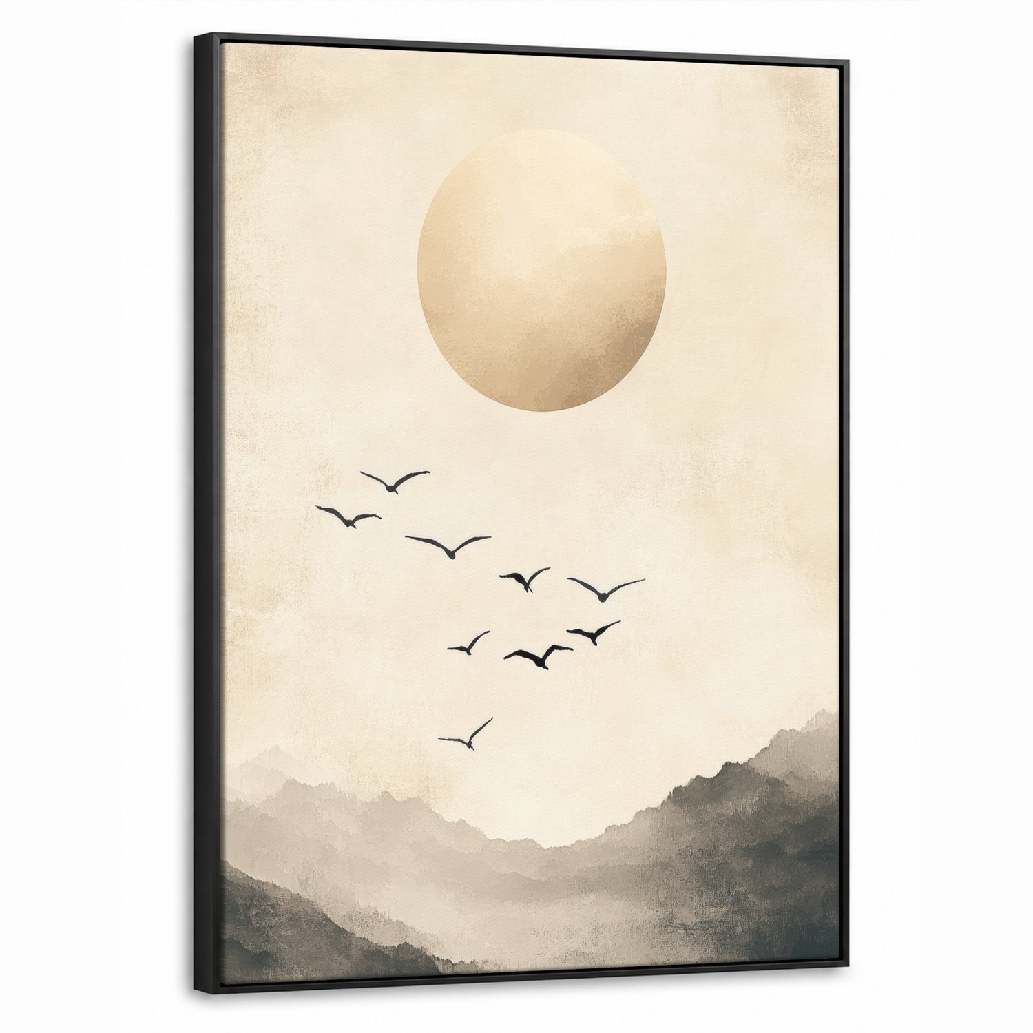Canvas Schilderij met Baklijst 50x70cm - Landschap - Japandi - vogel - Muurdecoratie woonkamer - Slaapkamer decoratie - Kamer accessoires - Schilderijen op canvas met lijst