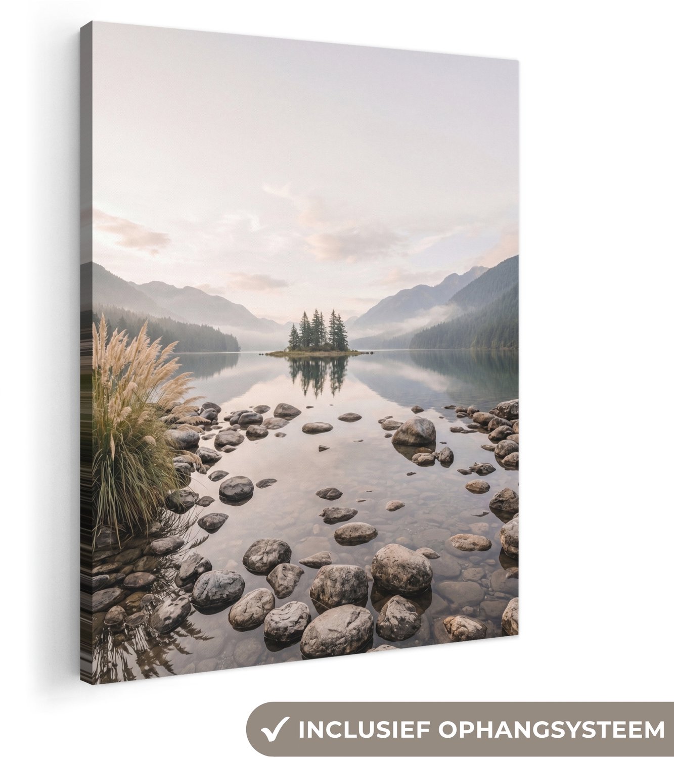 Canvas schilderij 70x100 cm - Exclusieve wanddecoratie Meer - Bergen - Landschap - Groen - Muurdecoratie woonkamer - Slaapkamer decoratie - Kamer accessoires - Schilderijen op canvas