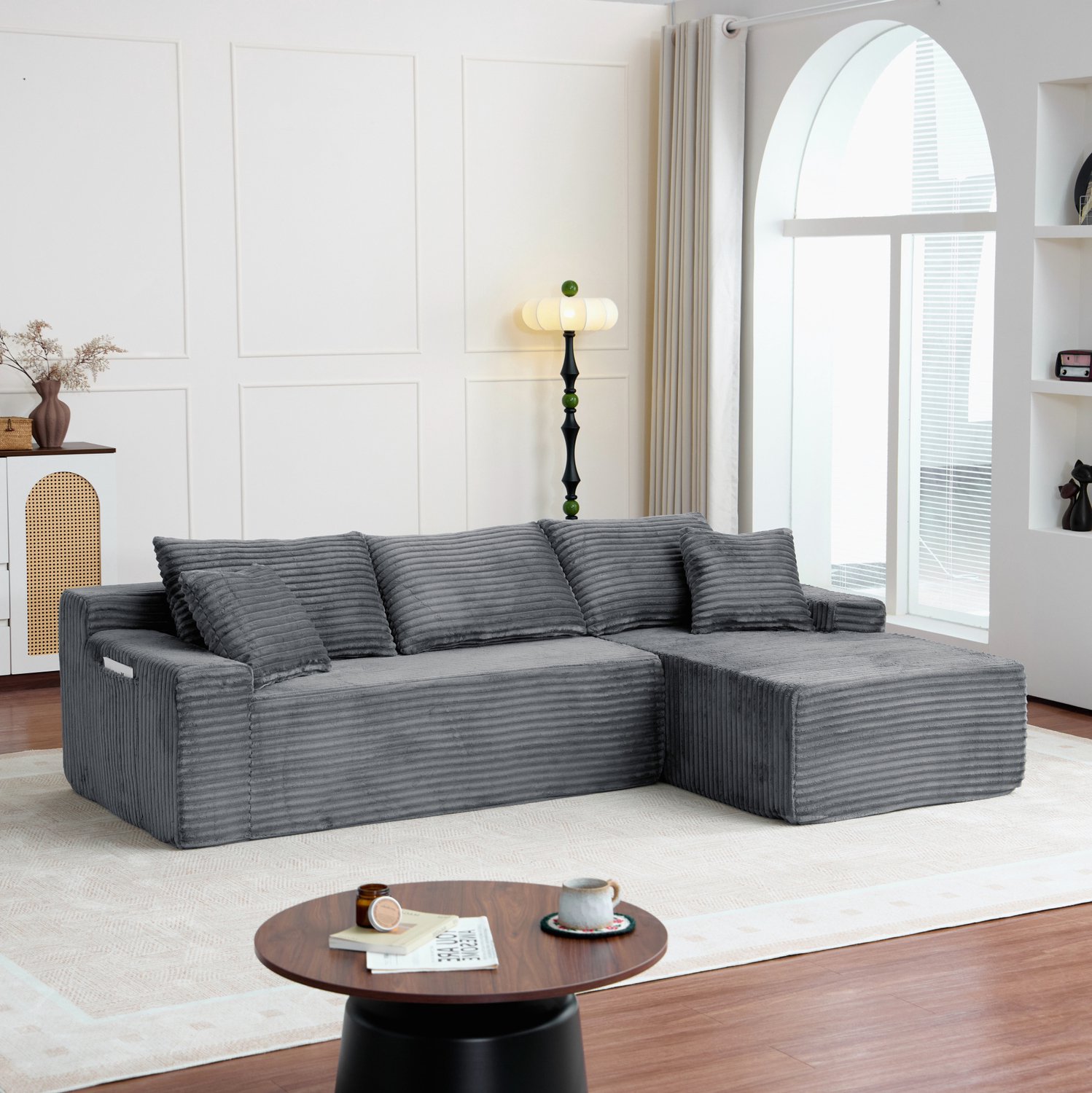 STILVORA Hoekbank 239 x 156 x 79 cm - Modulaire 4-Zits Met Rechterhoek - Voor Woonkamer En Slaapkamer - Ribstof - Grijs
