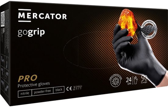 Zwarte Mercator GoGrip nitril handschoen met diamantstructuur voor extra grip, verpakt per 50 stuks.