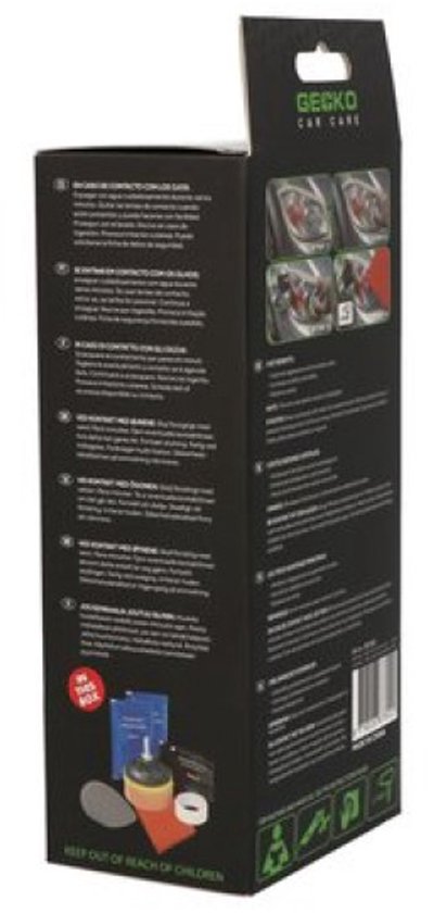 Zwarte doos van Gecko autokoplamp reparatieset met instructies en productonderdelen aan de zijkant.