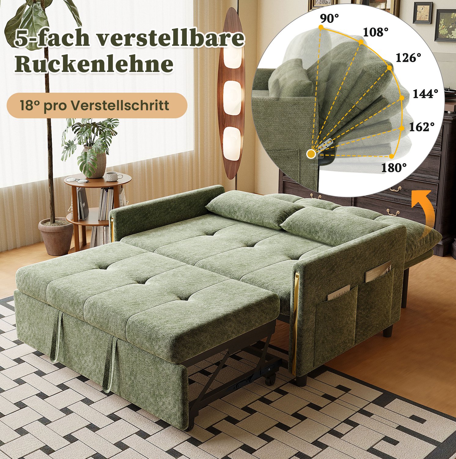 FloraGrace Slaapbank 125 x 83 x 93 cm - 2 zitplaatsen met uitschuifbaar bed en verstelbare rugleuning - Woonkamer - Chenille - Groen