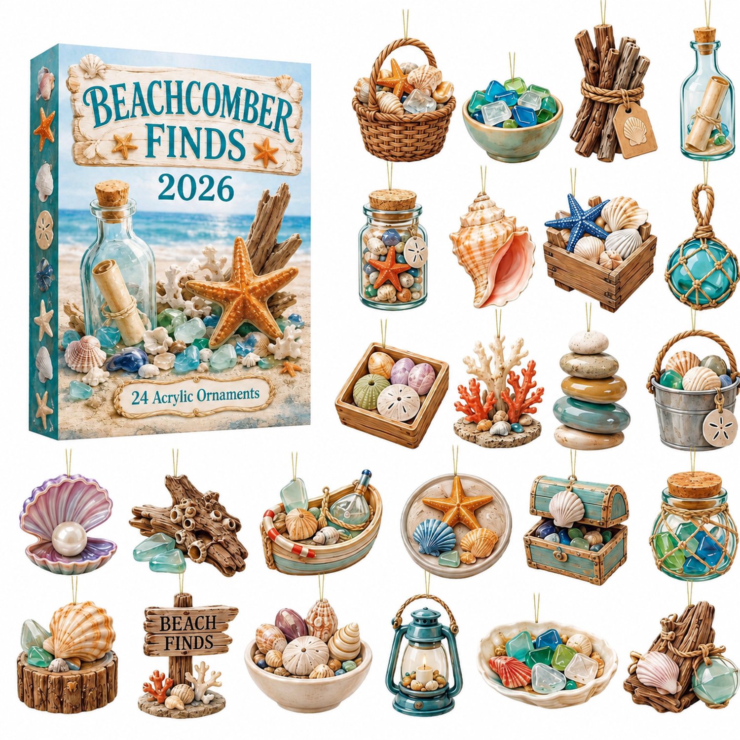SWGOTA Adventskalender 2026 met 24 acryl hangdecoraties - Strandthema met flessenpost en schelpen - Verpakking 26 x 18 x 3 cm Turquoise