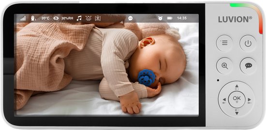 Witte Luvion babyfoon met scherm waarop een slapende baby met een blauwe speen te zien is.