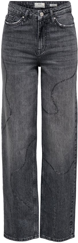 Grijze straight jeans met hoge taille en golvende details van strassteentjes op de voorzijde. Merk: JDY.