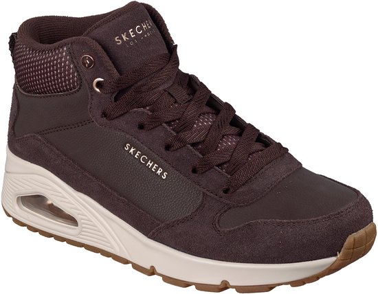 Bruine Skechers Uno - Stacre Shine sneakers voor dames met veters, een plateauzool met luchtkussen en suède details.