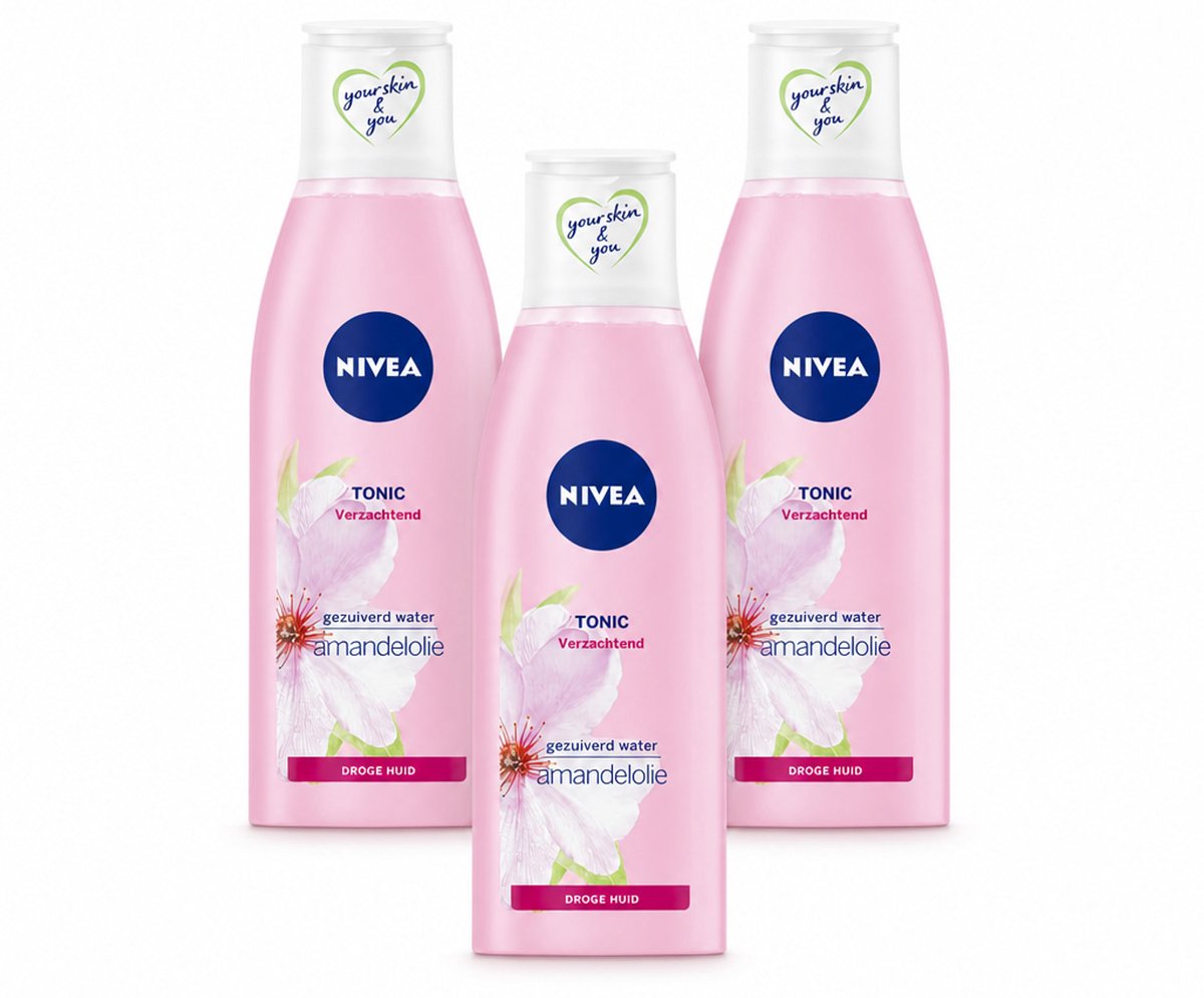 3 x NIVEA - Gezichtstonic - Essentials Verzachtende Tonic - Voor droge & gevoelige huid - Met Amandelolie & Hydramine - 200 ml - Bulkverpakking - 3 stuks
