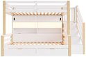 Wit hoogslaper met houten accenten, onderschuifbed met lade en ingebouwde boekenkast met LED-verlichting.