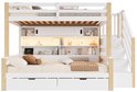 Wit hoogslaper met houten accenten, geïntegreerde boekenkast met LED-verlichting, onderschuifbed met lade.