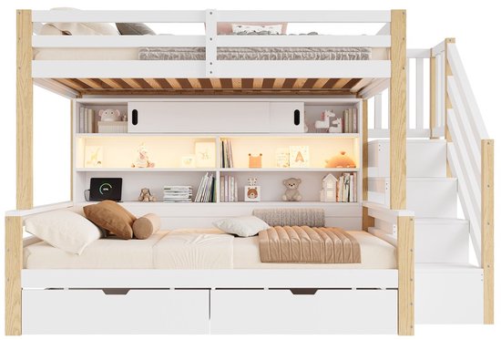 Wit hoogslaper met houten accenten, geïntegreerde boekenkast met LED-verlichting, onderschuifbed met lade.
