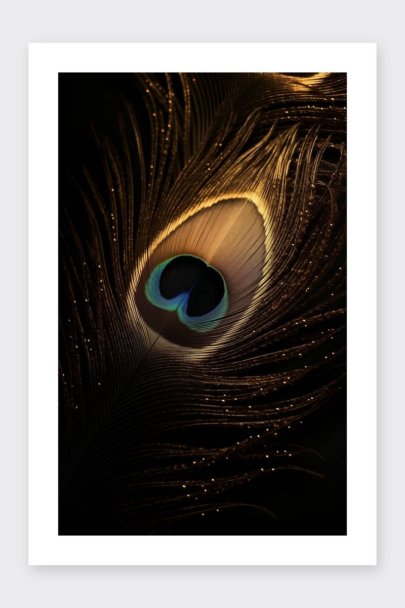 Veer Poster - Pauw - Detail - Goud - Mystiek - Close-up - Dieren - posters - formaat 30x40cm - Wanddecoratie - BXS5290BY - Met kader - passe-partouts stijl