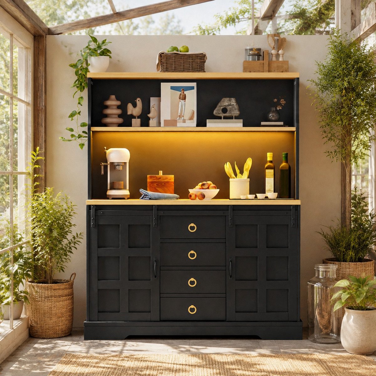 MODENUIT Keukenkast - LED En Stopcontact - Voor Keuken En Eetkamer - MDF - Zwart - 120x40x150 Cm - 4 Lades