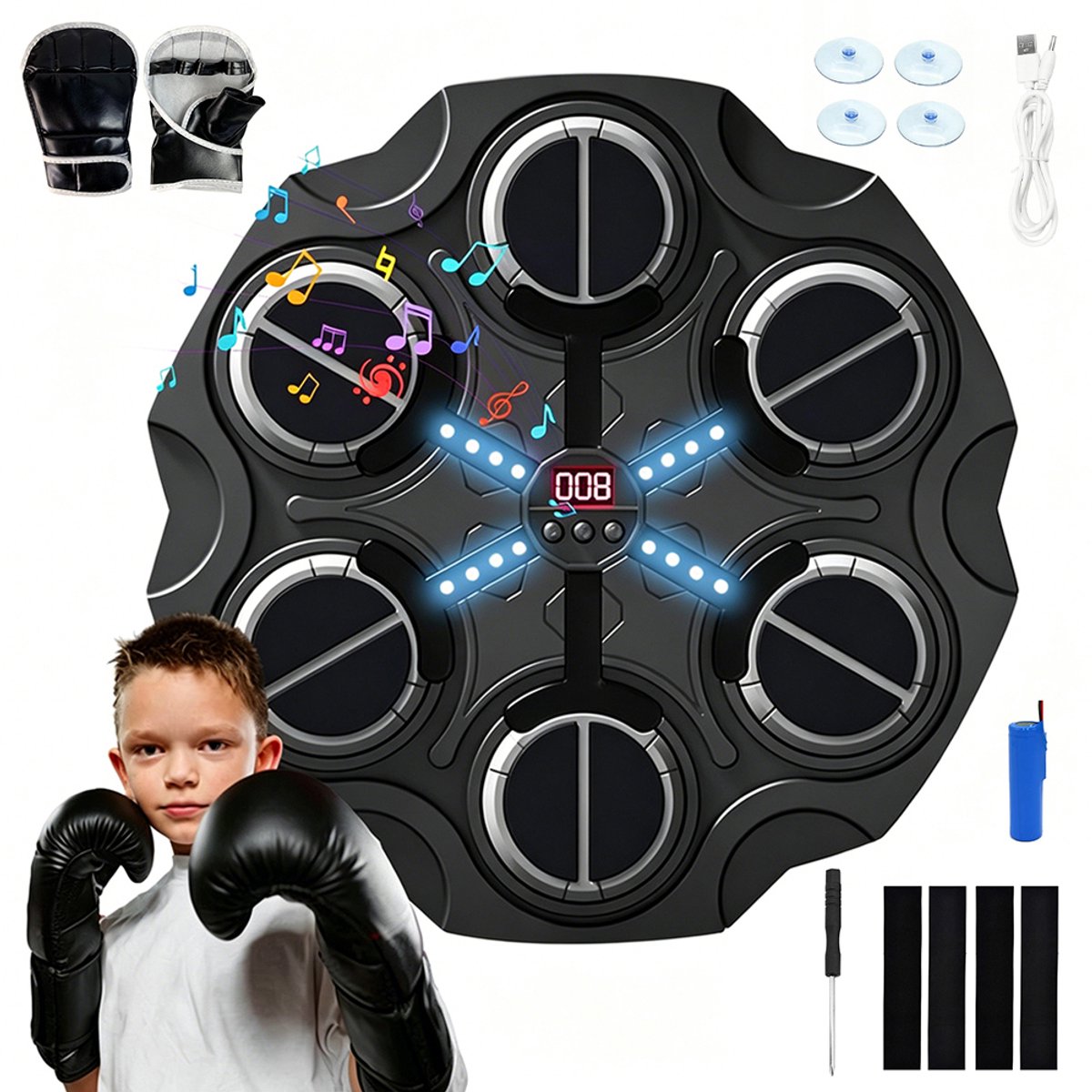 Slimme bokstrainer - Boksmat voor aan de muur - Stervormige muzikale boksmat - Bokstrainer voor thuis - Reactietraining - Met Bluetooth-muziek - 3 snelheidsstanden - Geen boren nodig - Geschikt voor kinderen en volwassenen - Kinderspeelgoed - Zwart
