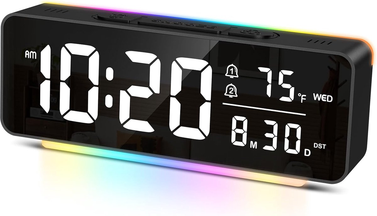 Digitale led-wekker, 6,5 inch display met kleurrijk sfeerlicht, weergave tijd, temperatuur, datum, dag, 5 instelbare helderheden, sluimerfunctie, intelligente wekker voor slaapkamer